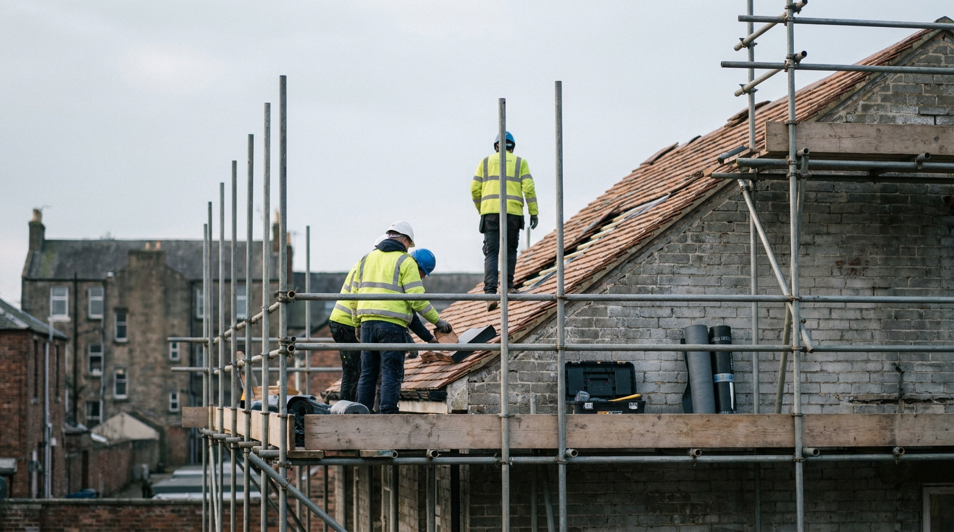 Roofers working on a tiled roof beside scaffolding on a UK building. — UK Roofing Awards